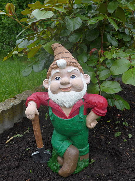 istock Garden gnome with shovel in a flower bed 637009976