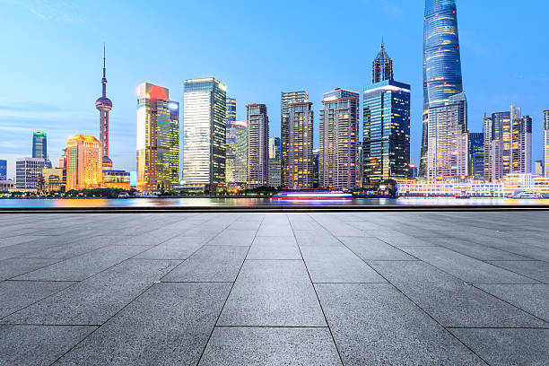 istock Empty floor with cityscape at night in Shanghai 637011090