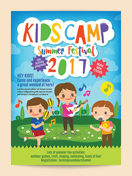 ilustrações, clipart, desenhos animados e ícones de crianças verão acampamento folheto cartaz - summer camp sign child summer