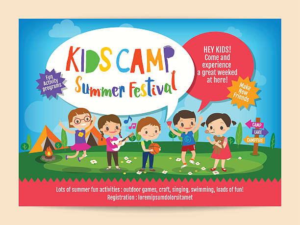 dzieci obóz letni edukacja plakat ulotka - summer camp sign child summer stock illustrations