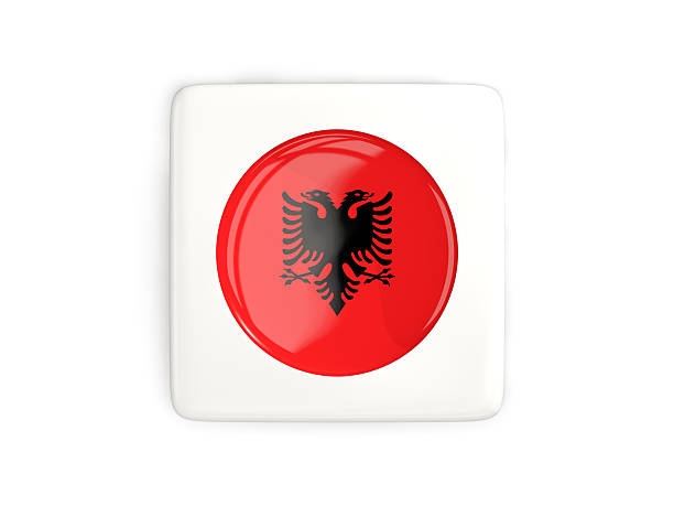 Square button with round flag of albania isolated on white. 3D illustration