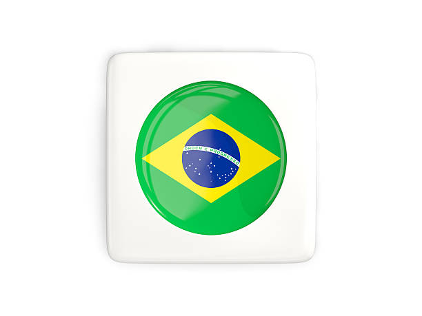 Square button with round flag of brazil isolated on white. 3D illustration
