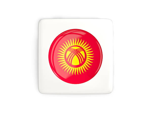Square button with round flag of kyrgyzstan isolated on white. 3D illustration
