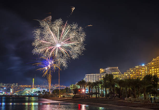 istock Festive fireworks at central beach of Eilat, Israel 637019664