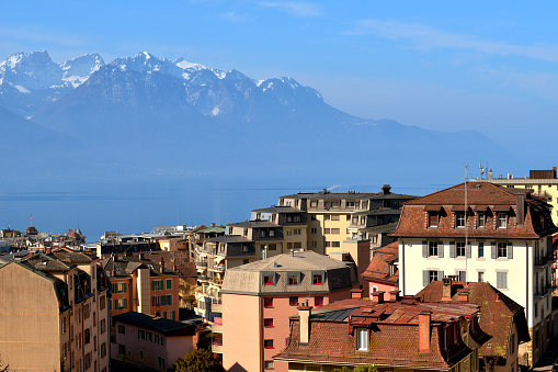 Great view of French Alps over Geneva Lake in Montreux