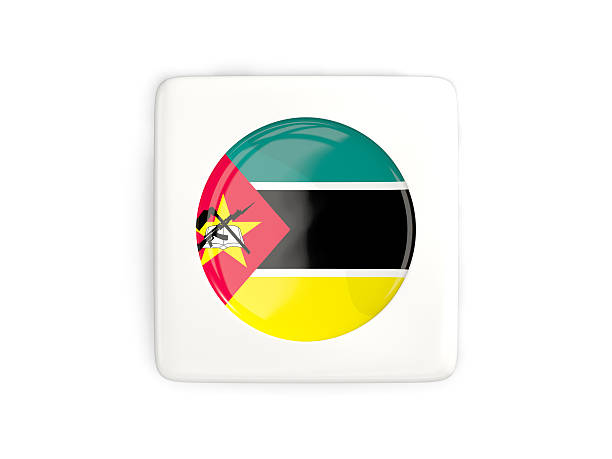 Square button with round flag of mozambique isolated on white. 3D illustration