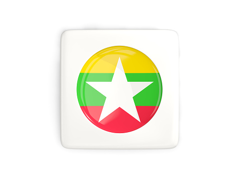 Square button with round flag of myanmar isolated on white. 3D illustration