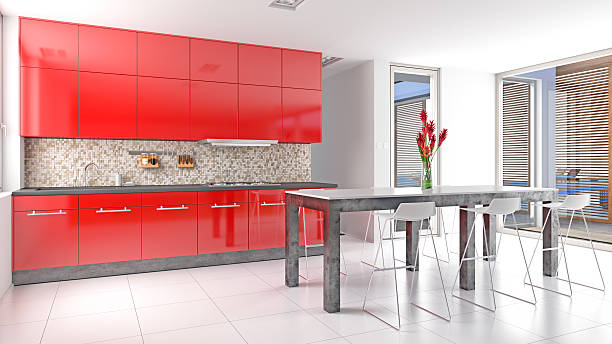Red cabinet doors in the kitchen Red cabinet doors in the kitchen red kitchen cabinets stock pictures, royalty-free photos & images