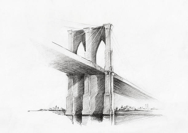 boceto del puente de brooklyn, visto desde manhattan - dibujo al lápiz fotografías e imágenes de stock