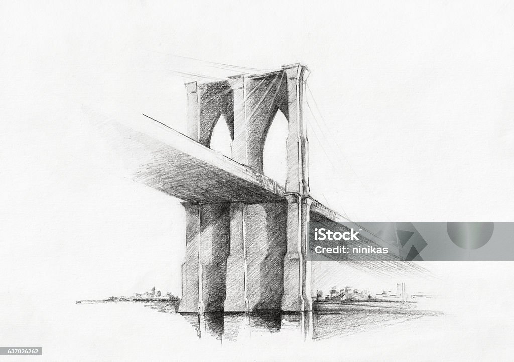 Sketch of Brooklyn Bridge, viewed from Manhattan Pencil Drawing Stock Photo