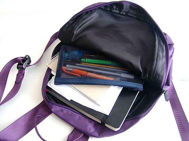 istock Purple Backpack with books and pencil case 637027392
