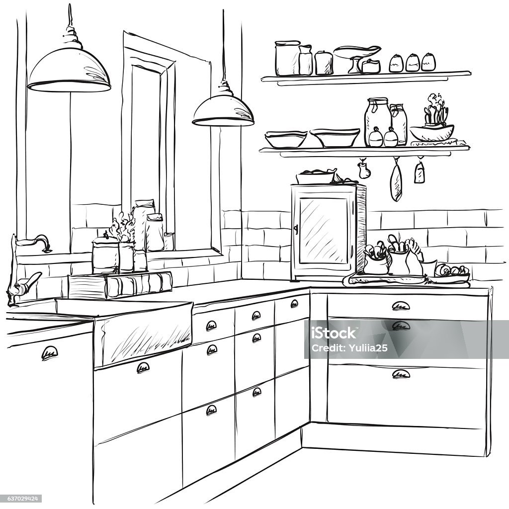 Kitchen Interior Drawing Vector Illustration Stock Illustration ...