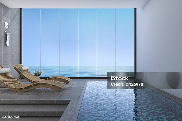 3d Rendering Wood Bed Bench Near Pool And Sea View Stock Photo - Download Image Now - Swimming Pool, Indoors, Inside Of