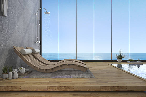 istock 3d rendering wood bed bench near pool and sea view 637029738