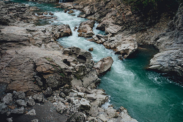 istock Fast mountain river among rocky coast 637029898