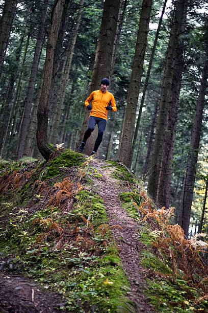 istock Athlete male runner running downhill in mountain autumn forest 637032196