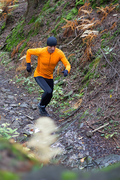 istock Athletic man running on trail through autumn forest 637032604