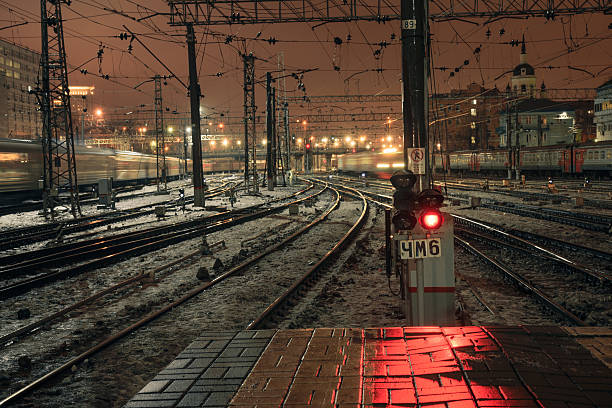 istock Red light signal at night on Kazansky rail station in 637035966