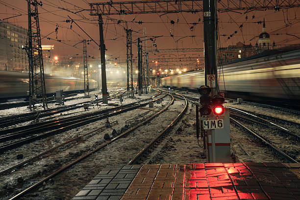 istock Red light signal at night on Kazansky rail station in 637036446