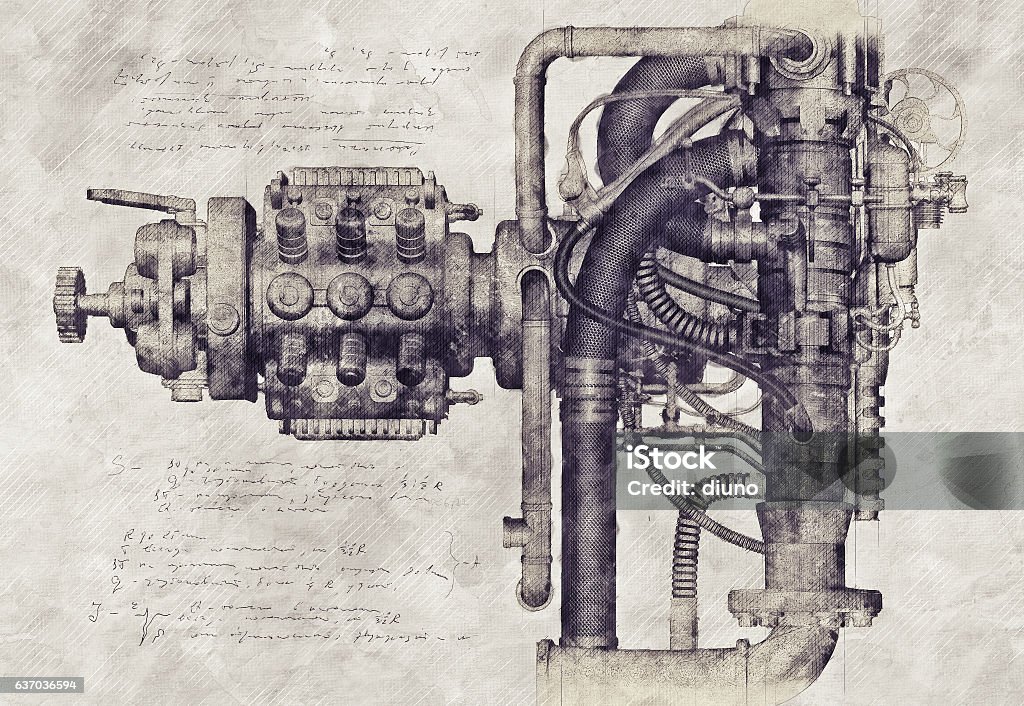 Boceto de una máquina vieja, ilustración 3D - Foto de stock de Steampunk libre de derechos
