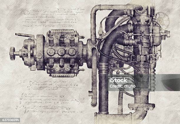 Boceto De Una Máquina Vieja Ilustración 3d Foto de stock y más banco de imágenes de Steampunk - Steampunk, Motor, Viejo