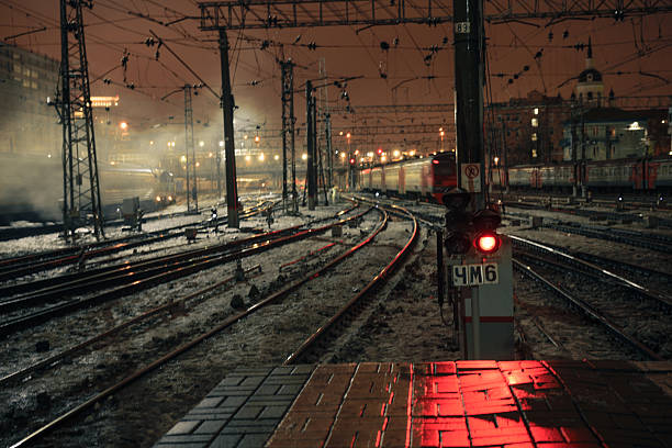 istock Red light signal at night on Kazansky rail station in 637036838
