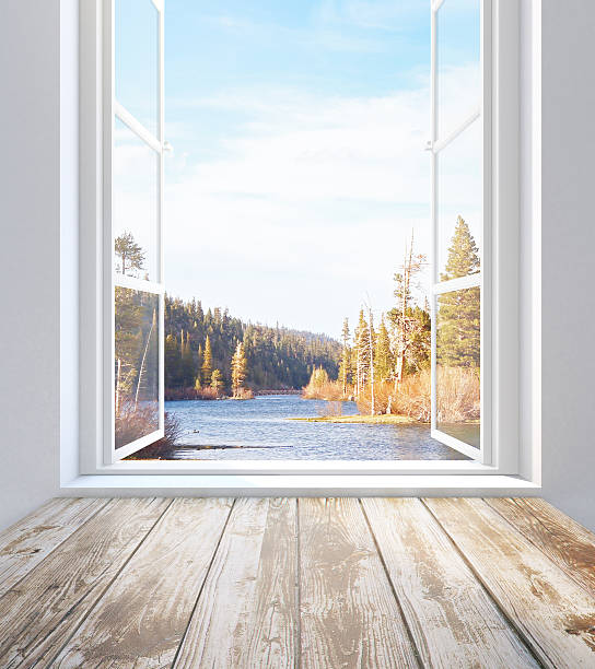 window with autumn landscape view - window sill imagens e fotografias de stock