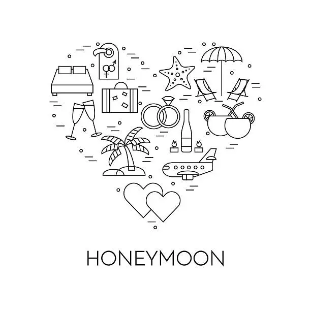 Vector illustration of Horizontal banner with honeymoon symbols in heart Line art