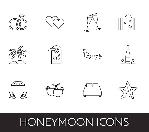 Vector illustration of Set of thin line icons with honeymoon symbols Wedding trip