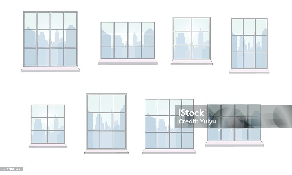 Collection of window frames  various shapes Collection of window frames of various shapes. The view from the window of day city. Suitable for home and office interior. Flat style vector illustration. Horizontal. Window Frame stock vector