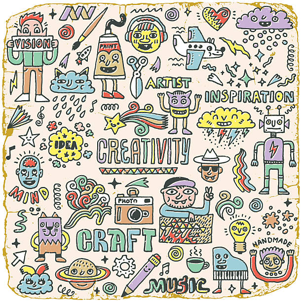 Creativity Activities Funny Doodle Cartoon Set 2. Arts and Crafts. Creativity Activities Funny Doodle Cartoon Set 2. Arts and Crafts. Hand drawn illustration. Vintage Texture. teenager doodle stock illustrations