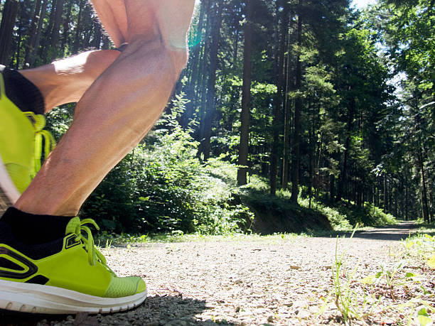 istock Male runner running on road through forest. Focus on leg. 637041758