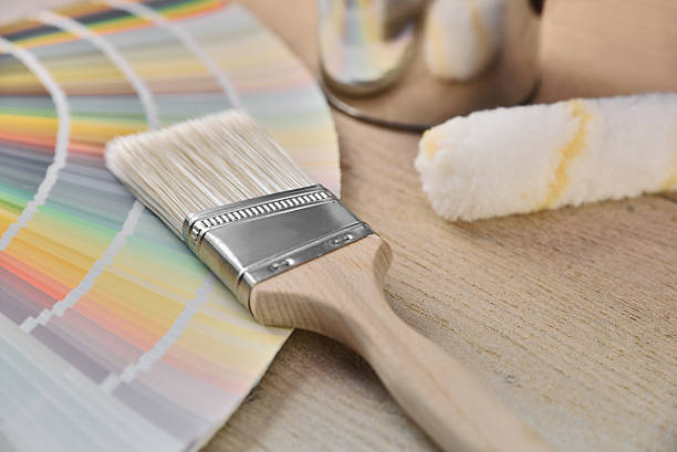 istock Paint bucket with paint brush, roller and palette color 637042142