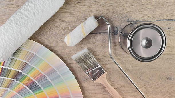 istock Paint bucket with paint brush, roller and palette color 637042174