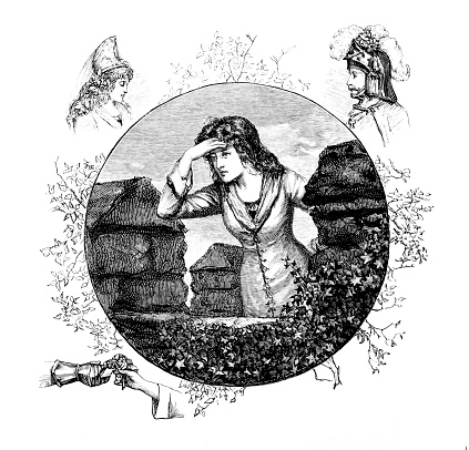 Maiden on a castle from The Troubadour from an 1886 antique book \