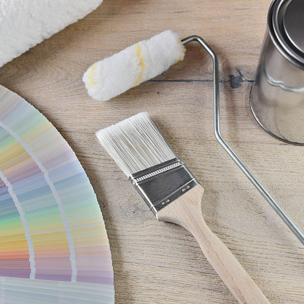 istock Paint bucket with paint brush, roller and palette color 637043160
