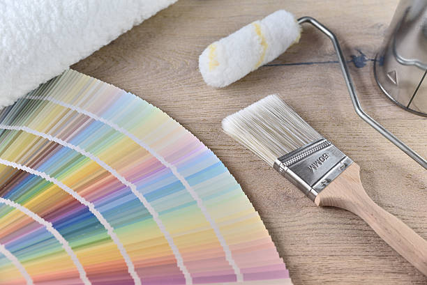 istock Paint bucket with paint brush, roller and palette color 637043208