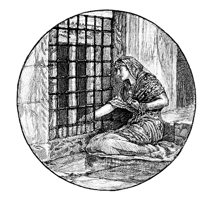 Woman kept in a prison cell from an 1886 antique book \
