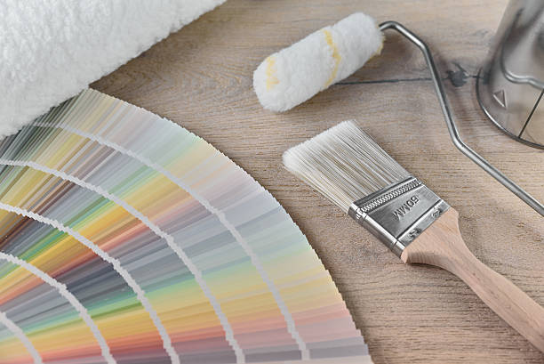 istock Paint bucket with paint brush, roller and palette color 637046436