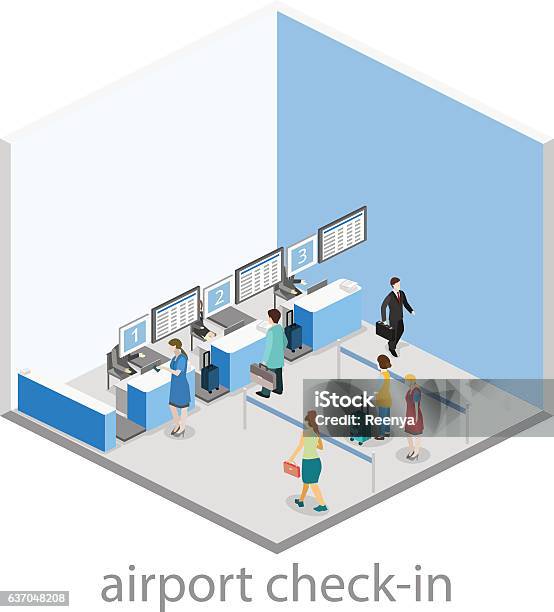 Isometric Flat 3d Vector Interior Of Airport Checkin Stock Illustration ...