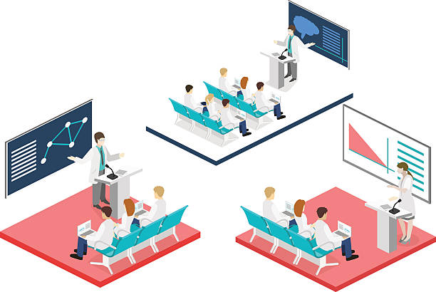 ilustraciones, imágenes clip art, dibujos animados e iconos de stock de isometric flat 3d conference medical doctor clinic research training. - house business home interior research