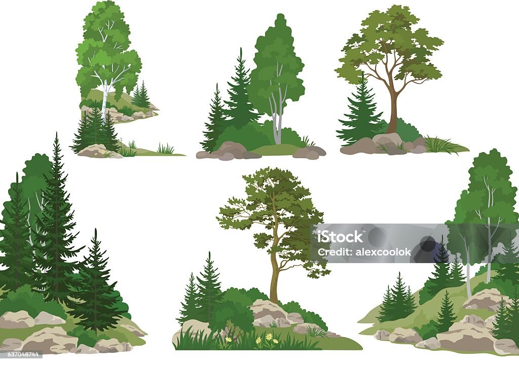 Paysage avec arbres et rochers - clipart vectoriel de Arbre libre de droits