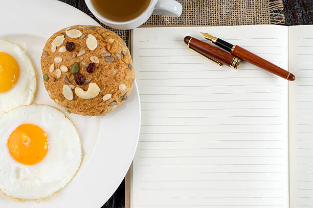istock breakfast with white book paper and pen top view 637050124