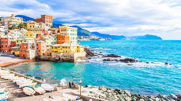 Sea in a winter day in Boccadasse, a district of Genoa in Italy,