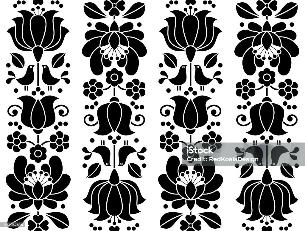 Seamless floral pattern - Kalocsai embroidery - Hungarian folk Traditional black and white pattern from Hungary, retro style Embroidery stock vector