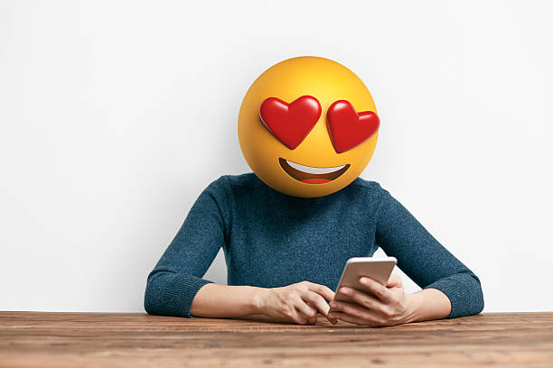 istock Emoji Head Woman using smart phone 637053352
