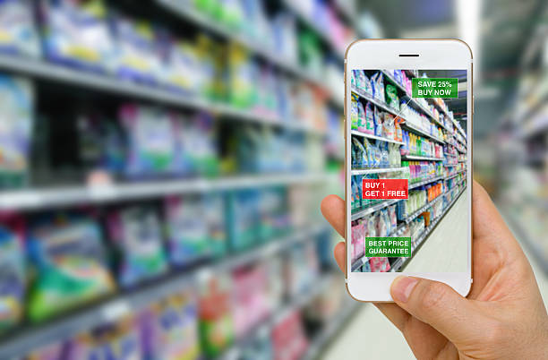 Application of Augmented Reality in Retail Business Concept Augmented reality in retail business concept application in supermarket for discounted or on sale products. argon stock pictures, royalty-free photos & images