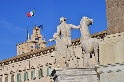Quirinal Hill with Horse Tamers ancient roman statue and President of Italian Republic official residence in Rome