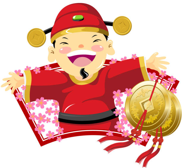 ilustraciones, imágenes clip art, dibujos animados e iconos de stock de feliz dios de riqueza - greeting chinese new year god coin