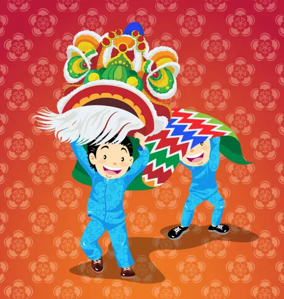 Vector illustration of Child Paying Lion Dancing